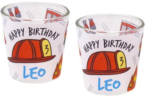 ZauberDeko Windlicht Banderole Feuerwehr Auto Geburtstag Kinder Party Votivglas Junge Tischdeko PERSONALISIERT 7,5cm Hoch, Menge:2 Stück