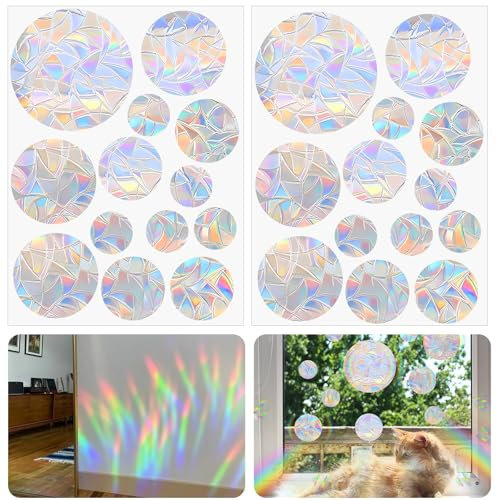 Litinliv 26 Stück Runde Prisma Fensteraufkleber, PVC Fensteraufkleber Vogelschutz, Elektrostatische Adsorption, Regenbogen Folie Fenster Sticker, für Zuhause und Büro