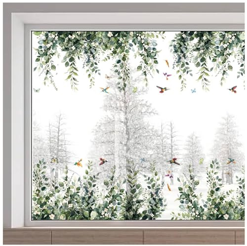 GORGECRAFT 116x30cm Große Fensteraufkleber Zum Aufhängen Weinreben, Grüne Blätter, Frühlingsvogel Blumen, Wiederverwendbare Schiebetüren, Glas Raumdekor