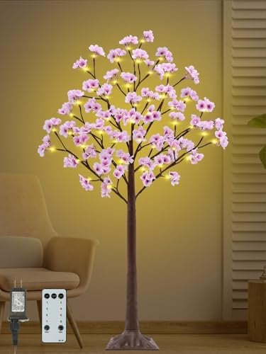 4FT Lighted Cherry Blossom Tree - Faux Artificial Light Up Pink Tree with 56 Lights, 168 Lush Flowers, Timer, Remote 8 Modes Cherry Blossom Tree for Spring Wedding Valentines Indoor Outdoor Decor