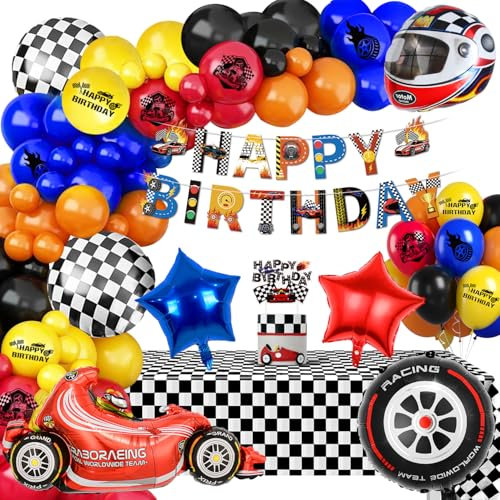 Fantspati Auto Geburtstagsdeko Rennwagen Thema, Luftballons Geburtstag Blau Rot Schwarz Gelb, Rennwagen Folienballon, Auto Geburtstag Party Deko für 2-18 Jahre Jungen Mann