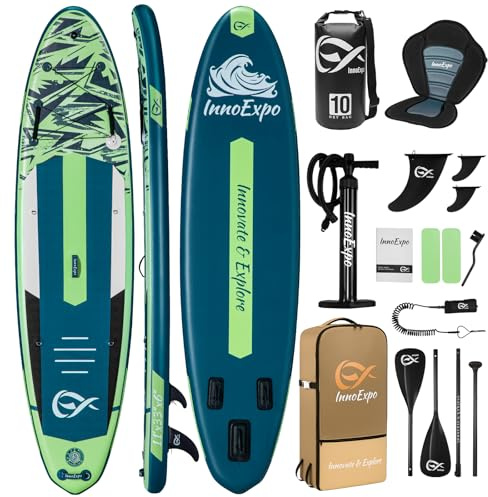 InnoExpo 335cm aufblasbares SUP, breit, stabil, rutschfest, mit Zubehör | SUP umwandelbar in Kajak, Paddel, Pumpe, Finnen, Leash, Rucksack, breite Basis, kompatibel mit Kajaksitz und Kamerahalterung