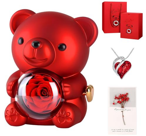 Raveparty Orso Rosa Eterna Confezione Regalo, Confezione Regalo Rosa Stabilizzata Vera con Collana e Biglietto Fiori Stabilizzati, Regalo per Mamma, Festa della Mamma, Anniversario