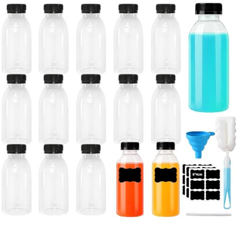 Rliocvhe 16 Pièces Bouteille Plastique 250ml, Petite Bouteille Shot de Jus Yaourt à Boire Sensorielle Vide, Réutilisables en Plastique, pour Jus, Lait, Smoothie, Caféine