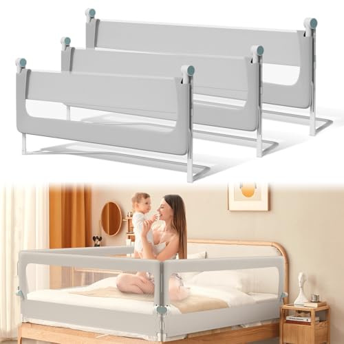 Ikodm Rausfallschutz Bett, Rausfallschutz Boxspringbett 200cm, Bettgitter höhenverstellbar 72-86 cm, zusammenklappbar um 180 Grad, luftiges Netz, einfache Montage, Grau, 2 Stück
