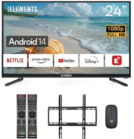 KB ELEMENTS Smart TV Full HD 24 con triplo sintonizzatore HD (DVB-C/-S2/-T2), App Store, Prime Video, Netflix, YouTube, DAZN, Disney+, Android 14