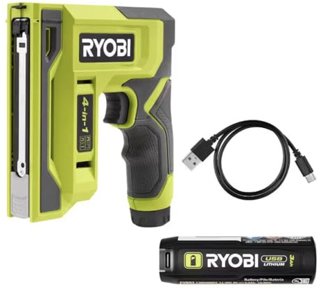 RYOBI USB Lithium 4-in-1 Stapler/Nailer Kit, Cordless with 3Ah Battery, 600+ Staples Per Charge, LED Indicator, Precision Guide