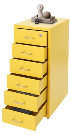 BRRIDE Aktenschrank Abschließbar, Rollcontainer mit 6 Schubladen, Metall Bürocontainer Schubladenschrank Rollschrank Rollwagen, Schmaler Schrank mit Cue-Kartenschlitz für Home-Office (Gelb)