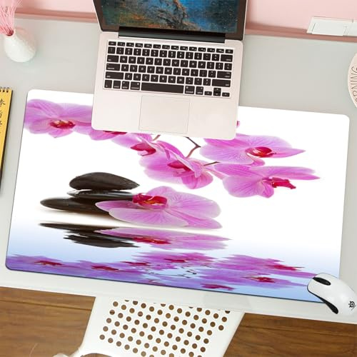 QRFASFZO Mouse Pad 31.5 × 12 inch Extended Large Mouse Mat Desk Pad, Stitched Edges Mousepad,Non-Slip Rubber Base,Orchid and Zen stones reflected on water,Gaming Mouse Pad XL