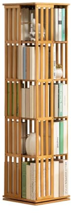 MumaHome Libreria Verticale Girevole 360° in Bambù con 5 Ripiani | Scaffale Rotante Salvaspazio per Libri, Piante e Decorazioni| Ideale per Soggiorno, Studio e Camera