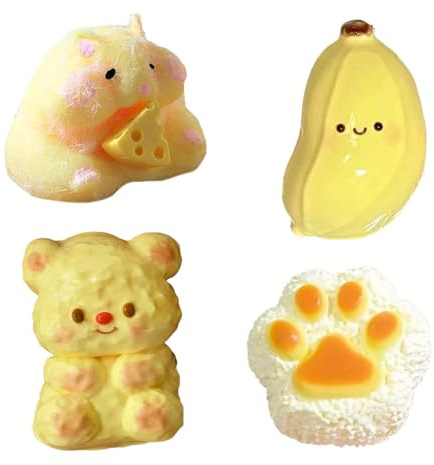 4 Stück Fufu Squishy,Taba Squishy Set,Banane, Kleiner Bär, Hamster, Katzenpfote, Taba Squishy, niedliches Stressabbau-Spielzeug für alle Altersgruppen