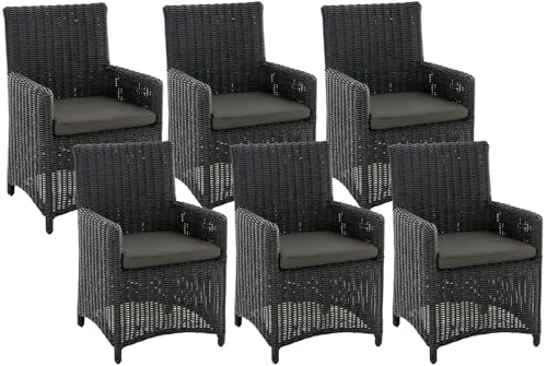 CLP Gartenstuhl 6er Set Fontana, Polyrattan Gartenstühle, Hochlehner mit Sitzkissen, Wetterfeste Garten-Sessel mit Armlehnen, Outdoor Stuhlset, Farbe:schwarz, Polsterfarbe:Anthrazit