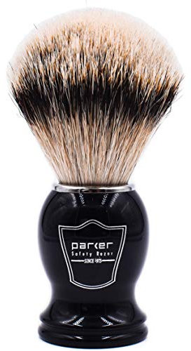Parker Rasierhobel Badger 100% Silberspitze Dachshaar-Rasierpinsel – inklusive Bürstenständer (schwarzer Griff)