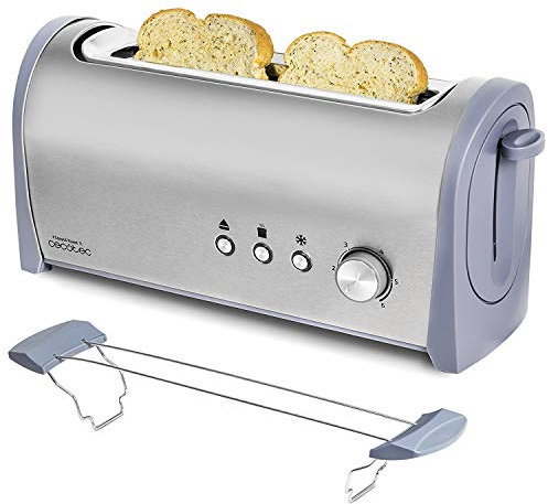 Cecotec Tostadora Acero Steel&Toast 1L. 6 Niveles de Potencia, Capacidad para 2 Tostadas, 3 Funciones (Tostar, Recalentar, Descongelar), Incluye Soporte Panecillos, con Bandeja Recogemigas, 1000 W