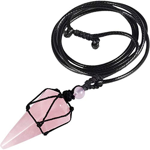KYEYGWO Rosenquarz Sechseckiger Kristall Anhänger Halskette mit Einstellbare Lederseil, Polierte Quarz Spitz Stein Heilung Reiki Pendel Kette