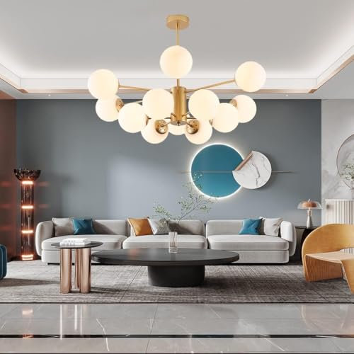 Moderne Kupfer Pendelleuchte Glaskugel Kronleuchter Sphärisch Hängelampe Glas Ball Lampenschirm Hängeleuchte Wohnzimmer Schlafzimmer Bar Deckenleuchte Lüster Lampe Leuchte(Gold),Ø92CM/6+6heads