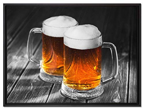 Pixxprint Zwei Maßkrüge Bier Leinwandbild 80x60 cm im Bilderahmen, Wandbild, Schattenfugenrahmen, Kein Poster