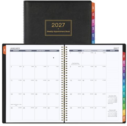 Terminkalender 2027 - Tagesplaner 2027, Januar 2027 - Dez. 2027 | Terminbuch, 21,6 x 27,9 cm, Terminkalender 2027 mit 30-Minuten-Intervall, Ledereinband, bunte Reiter, Schwarz