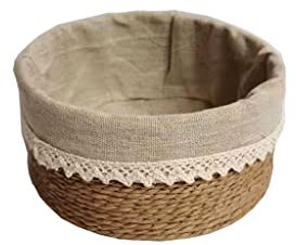 (2) DOS CESTA REDONDA TIRAS DE PAPEL BEIGE CON TELA BEIGE. bandejita decoración. Bandejita de papel almacenaje. Bandeja de papel utensilios baño. Bandeja de papel lotes de productos (17×17×8)