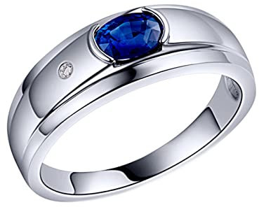 Daesar Eheringe 750 Weißgold Herren, Ring Nickelfrei Bandring mit Oval Saphir 0.6ct Verlobungsringe Weißgold mit Diamant Größe 68 (21.6)