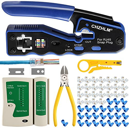 CHZHLM RJ45 Crimp Tool Kit All in One Pass Through Crimper Stripper Cutter for Cat5e Cat6 Cat6a Pass Through Connector with 50Pcs Connectors 50Pcs Covers Mini Stripper Pliers Tester