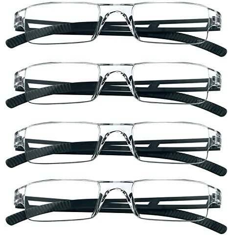 MMOWW 4er Pack randlose Lesebrille für Damen und Herren mit klarer rechteckigem Blaulicht-Blockierbrille (4 Schwarz, 3,0)