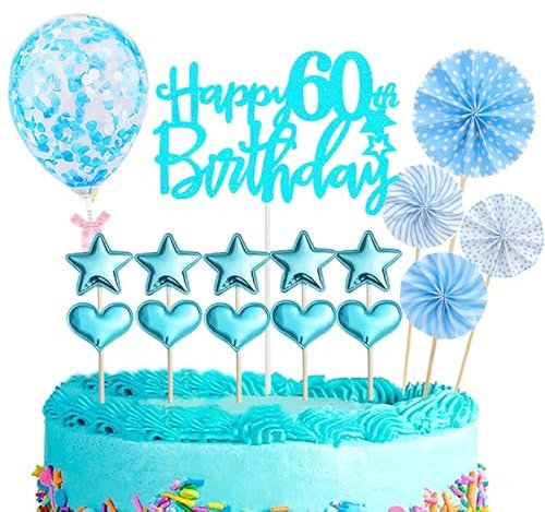 Tortendeko 60 Geburtstag Frau Mann,16 Stück Glitzer 60. Geburtstagstorte Topper,Blau Cake Topper Deko 60 Geburtstag,Happy 60th Birthday Kuchendeko Luftballons für 60. Geburtstag Party Kuchen Deko