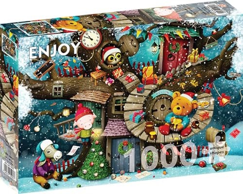 ENJOY Puzzle - 1000 Teile Puzzle - Matte Finish, Soft Touch, Sturdy and Unique Pieces, Tight Fit, Vivid Colors, Missing Pieces Service - Cute Winter Animals with Christmas Tree Decorations