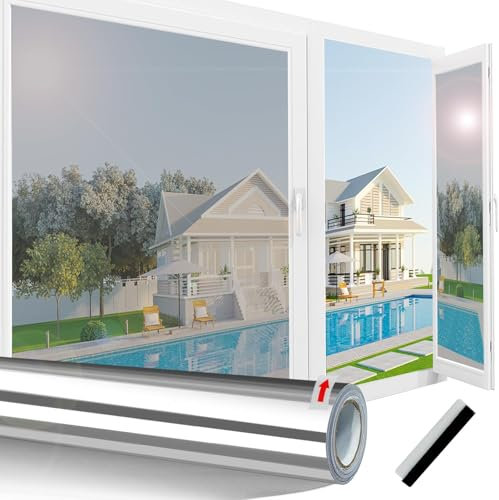 Vinilos Espejo para Ventanas Vinilo Espejo Unidireccional Privacidad Vinilos para Cristales Anti Sol 99% UV Aislante Termico Láminas Protección Solar Película para Ventana (Plata, 118x400)