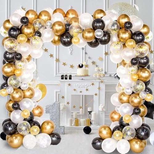 Neujahr 2025 Dekorationen Ballon Kits Schwarz Gold Ballon Girlande Arch Kit – 120 Stück Schwarz Gold Weiß Konfetti Latexballons mit Werkzeug für Neues Jahr Party Dekorationen