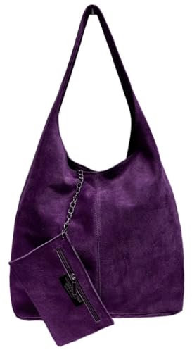 Modarno Borsa a tracolla da donna in pelle scamosciata pochette, borsa a tracolla, shopper, da donna, in vera pelle (Viola)