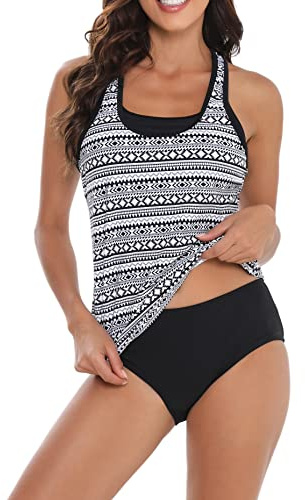 Laorchid Damen Tankini Zweiteiler Push Up Zweiteiliger Badeanzug gepolstert bademode high Waist Badeanzug Bikini Sportlich Böhmen weißer Druck L