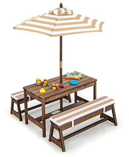 GOPLUS Kinder Picknicktisch, Kindersitzgruppe mit Bänke, Kissen & Sonnenschirm, Kindersitzgarnitur Outdoor aus Holz, Kindersitzbank Sitzgruppe Gartentischset Gartenmöbel für Garten, Terrasse & Balkon