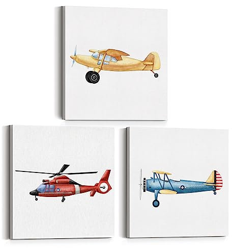 Set mit 3 Aquarell-Flugzeug-Kinderzimmer-Transport-Leinwand-Kunst, gerahmte Gemälde, Drucke, Vintage-Flugzeug, Leinwand, Poster, Bilder, Wanddekoration für Zuhause, Jungen, Schlafzimmer, 30.5x30.5 cm