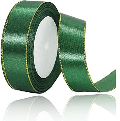 Geschenkband Dunkelgrün 20mm Breit, 23 Meters Goldränder Satinband Dunkelgrün Geschenkbänder Stoff Schleifenband Dekoband zum Geschenkverpackung, Bastelarbeiten, Geburtstag und Hochzeitsdekoration