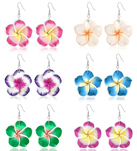 PHOGARY 6 Paar Blumen Ohrringe Bunt, Plumeria Ohrringe Set Geschenke für Damen, Hawaii Schmuck Clay Ohrring BFF Geschenke Hawaiian Urlaub Strand Hochzeit Ohrringe Hängend Hibiskusblüten Deko, B
