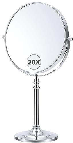 MIYADIVA Espejo de aumento 20x, espejo de maquillaje de doble cara 1X y 20X en soporte, espejo de tocador de mesa grande, espejo de baño con rotación de 360° para baño o dormitorio