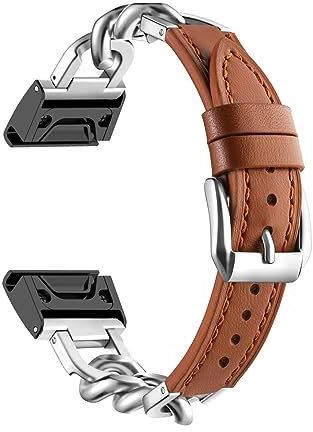 ZUREGO Metall Kette mit Leder für Garmin Fenix 5S / Fenix 5S Plus Armband, Damen Edelstahl Armband Gliederarmband Ersatzarmband Kompatibel mit Garmin Fenix 5S / Fenix 5S Plus Armband (H)