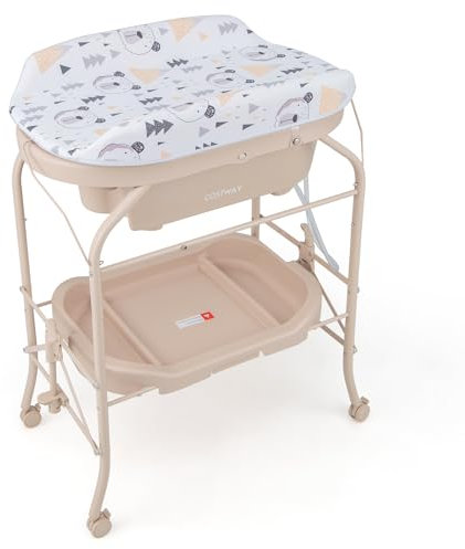 GOPLUS 4 en 1 Cambiador con Bañera, Cambiador de Pañales Plegable y Portátil con Bandeja de Almacenamiento y 4 Ruedas Universales con Frenos, para Bebés de 0-12 Meses, Carga hasta 35 kg (Beige)