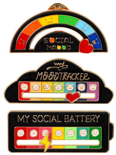 3PCS Social Battery Pin, My Social Battery Emotional Slider Pin for Women Men Expressing Mood, Creative Funny Enamel Lapel Pins for Introverts Interactive (Black)
