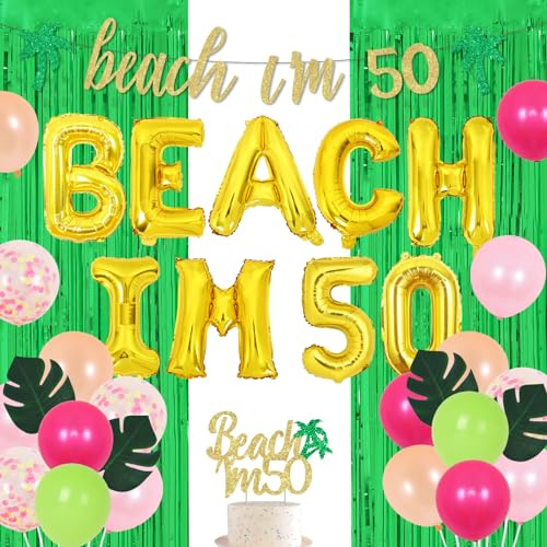 Beach I'm 50 Geburtstag Dekorationen, Sommer Tropical Aloha 50th Birthday Party Supplies für 50 Jahre alte Männer oder Frauen mit Luftballons Banner Kuchen Topper Fransen Vorhang Blatt Requisiten