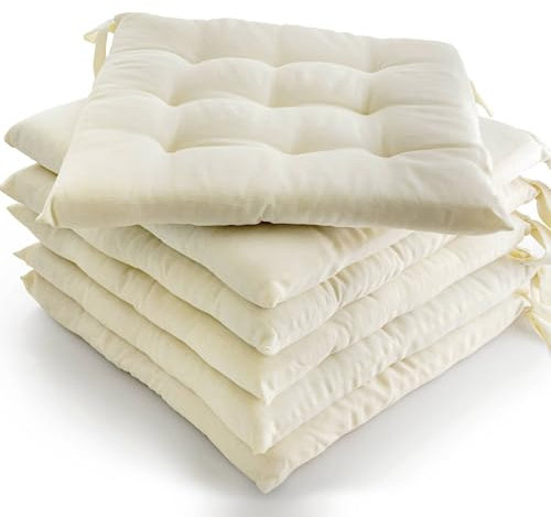 etérea 6er Set Sitzkissen Outdoor 40x40 mit Bändern - Stuhlkissen Creme für Gartenstuhl & Innenbereich - waschbare Sitzauflagen Gartenmöbel - 6 Stück Kissen 40x40 cm - Creme