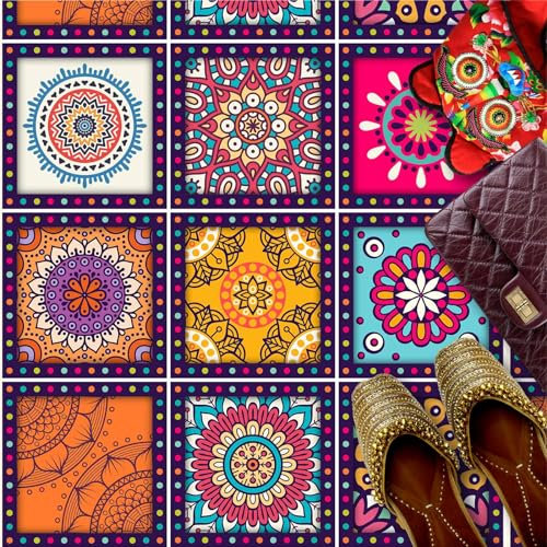 HUBDECO - Fliesenaufkleber - Küche, Badezimmer Deko - Klebefliesen - Bodenfliesen - Klebefolie Küche - Boden Schutzmatte - Selbstklebende Fliesen - 9 Stk. - Mandala Stil - 30x30cm