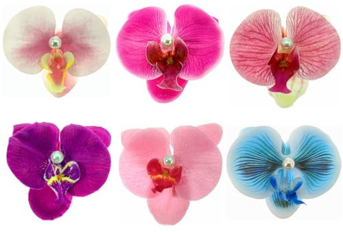 ALIMITOPIA Pinza para el pelo de flores, tela hawaiana bohemia artificial, polilla, orquídea, cocodrilo, horquilla, pasador, tocado, accesorios para el cabello (4 pulgadas, 6 unidades)