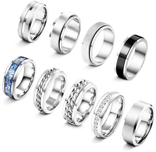 Adramata 9Pcs Edelstahl Ringe Herren Fidget Ring Spinner Ring Vintage Siegelring Cool Band Ring Männer Ehering Verlobungsring Schwarz Silber Ringe Set Anxiety Ring für Herren Damen Schmuck