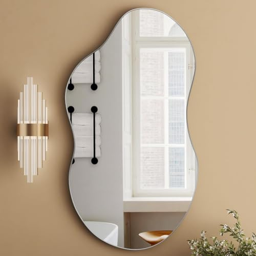 SHYFOY Asymmetrisch Spiegel - Dekorative Wandspiegel mit MDF-Rückwand - Maße 81 x 49 cm - Metallrahmen - Großer Spiegel für Wohnzimmer Flur Eingangsbereich Badezimmer, Silber