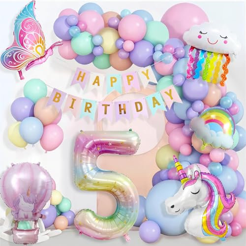 Einhorn Geburtstagsdeko Mädchen 5 Jahre, Kindergeburtstag Luftballons, Happy Birthday Banner, Schmetterling Folienballon, 5. Geburtstag Mädchen Deko