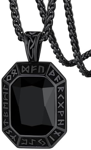FaithHeart Onyx Amulett für Damen Herren, Edelstahl Wikinger Rune Halskette mit Schwarzer Onyx Stein，Schutz Amulett für Geburtstag Valentinstag