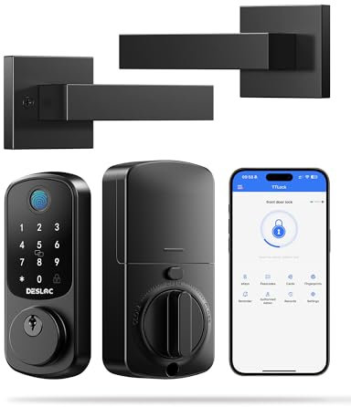 DESLOC B200 Fingerabdruck Smart Türschloss mit 2 Hebelgriffen, APP-Steuerung, Smart Locks für Haustür, Riegel, Smart Lock, Elektronische Tastatur Riegelschloss, Notstromanschluss, 12 Monate Batterie