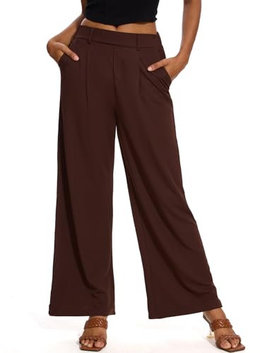 M MOTEEPI Hosen Damen Weite Hose Kaffee Palazzo Hose Stoffhose Elegant Freizeithose Weites Bein Damen mit elastischem Bund Business M